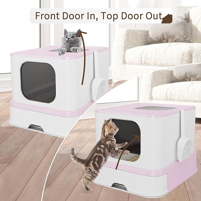 RIZZARI Cat Litter Box, Foldable Cat Box with Drawer, Large Capacity Litter Box with Lid, Top Opening Litter Pan for Small to Big Cats (Pink-Stainless Steel Basin)