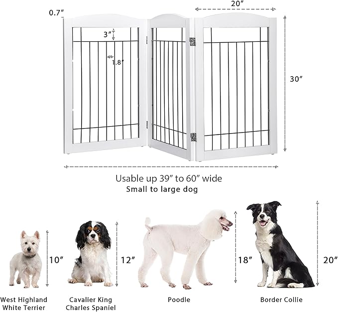 Spirich Freestanding Wire Pet Gate for Dogs, 60 inches Extra Wide, 30 inches Tall Dog Gate for The Houes, Doorway, Stairs, Pet Puppy Safety Fence, White 3 Panels