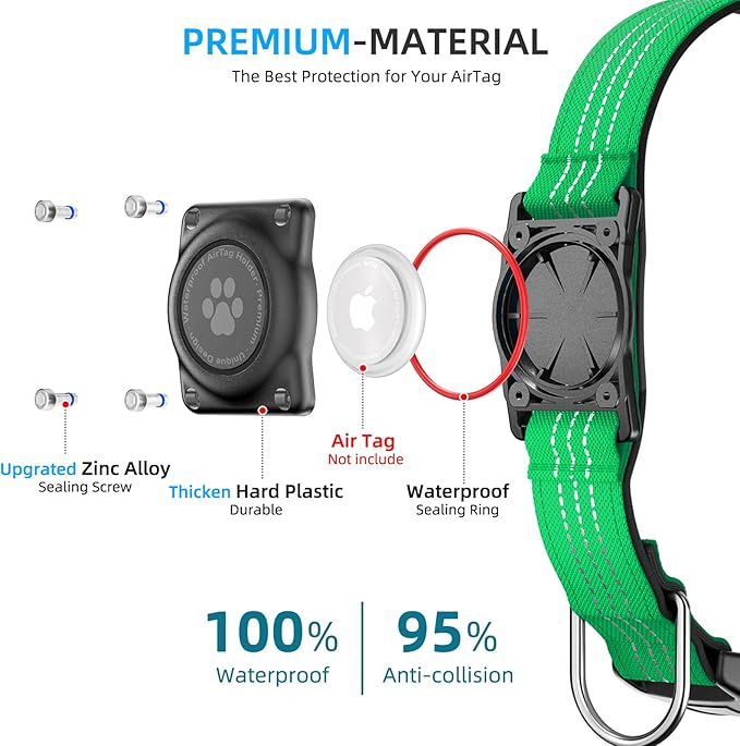 Upgraded AirTag Dog Collar, IP68 Waterproof Air Tag Dog Collar Holder, Reflective, Ultra-Durable, Comfortable Padded, Heavy Duty Dog Collars for Small Medium Large Dogs (M (12.6"-17.1"), Teal)