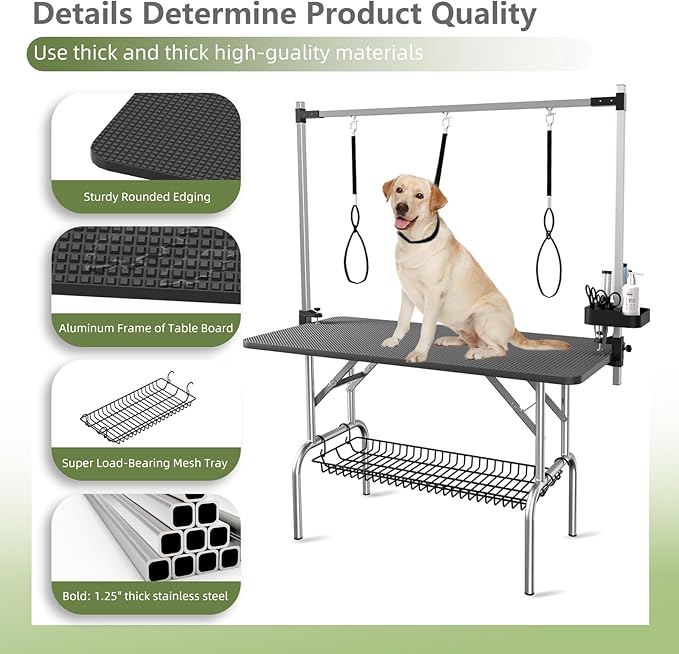 VFK 47'' Large Dog Grooming Table Stainless Steel Foldable Grooming Table for Dogs at Home Adjustable Height Arms Pet Station with Nooses, Mesh Tray, Tool Organizer
