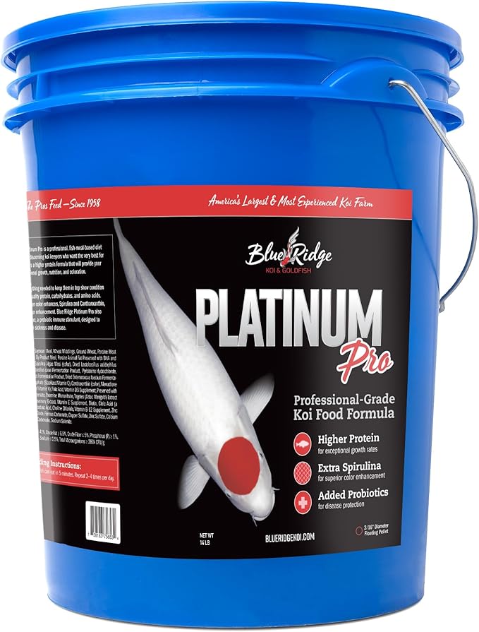 Blue Ridge Koi Fish Food 14lb - Koi Food 3/16” Platinum Pro Formula Goldfish Food, Premium Fish Food for Ponds, Ponds Fish Food, Floating Pond Pellet