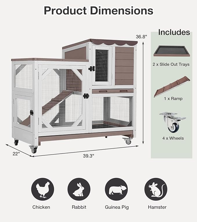 Rabbit Hutch 2-Story Wooden Bunny Cage with 2 Leak-Proof Sliding Trays, Chew-Proof Metal Mesh, Rainproof Cover, Indoor & Outdoor Guinea Pig House with Wheels - Brown