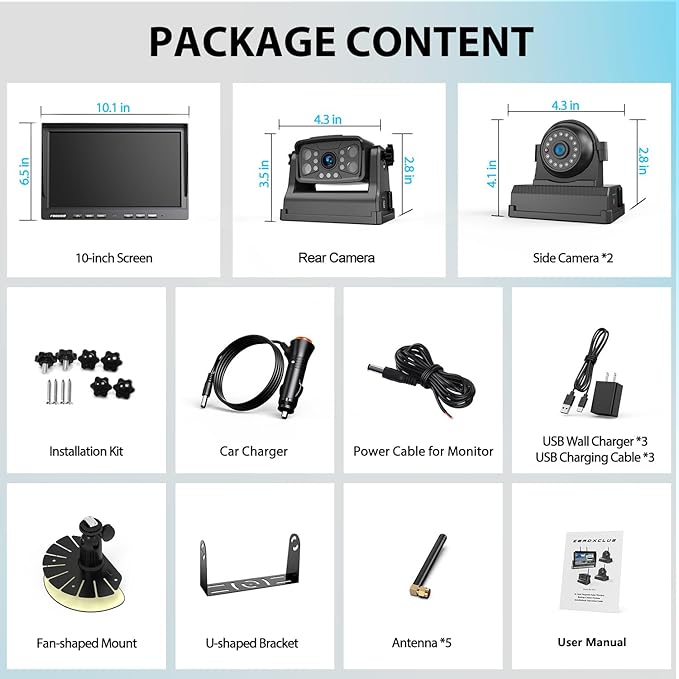 3 Magnetic Wireless Backup Camera with HD 1080P 10" DVR Monitor, 1-Rear View 2-Side View Cameras Wireless System for RV Trailer Trucks, Built-in 9600mAh Battery,Night Vision,Recording- ZEROXCLUB BC103
