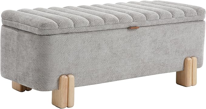 Kmax 45" Storage Bench Velvet Entryway Bench Upholstered Ottoman Bench with Wavy Top & Safty Hinge for Bedroom Living Room Hallway, Grey