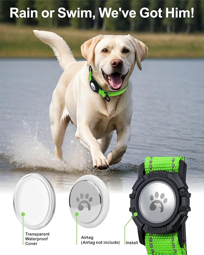 TagME Airtag Dog Collar,Waterproof Reflective Pet Collar with Airtag Holder,Soft Padded and Double D-Rings for Extra Large Dogs,Green