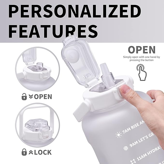64oz,100oz,128oz Large Motivational Water Bottle with Time Marker, Leakproof & BPA Free Half Gallon Big Water Bottle with Straw Handle Tritan Frosted Water Jug for Gym,Fitness,Outdoor Sports