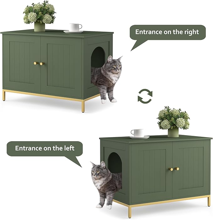 Homhedy Cat Litter Box Enclosure, Cat Washroom Furniture with Metal Frame, Pet House, Fit Most of Litter Box, Modern Style, Green and Gold