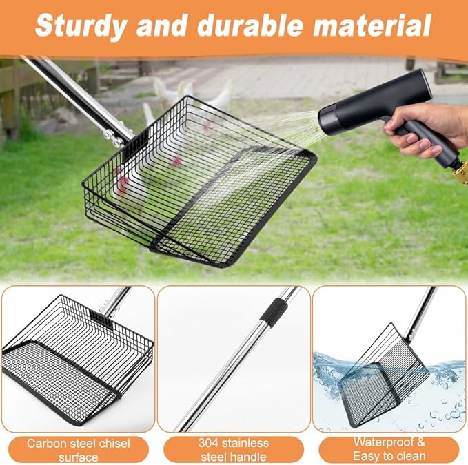 10inch Chicken Poop Scooper, Chicken Coop Scoop for Poop, 4 Sections Extended with 22 to 77inch Stainless Steel Adjustable Handle, Litter Scooper Sifting Shovel