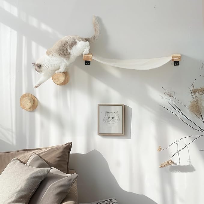 FUKUMARU Cat Wall Furniture, 2 PCS Climbing Shelves Set, Solid Rubber Wood Cat Shelf, Cats Perches for Wall Sleeping, Playing, Jumping and Lounging, 16 inch Drywall Installation