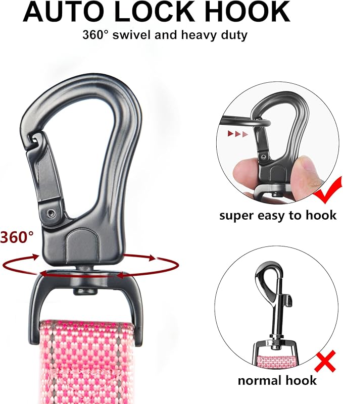 TwoEar 5FT 1IN Strong Pink Dog Leash with 2 Padded Handles, Traffic Handle Extra Control, Comfortable Soft Dual Handle, Auto Lock Hook, Reflective Walking Lead for Small Medium and Large Dogs