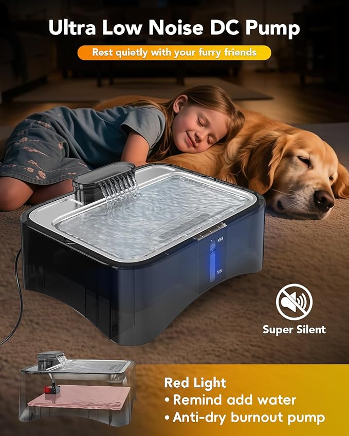 UPSKY 2.25Gal Elevated Dog Water Fountain, 4 Heights Adjustable Pet Fountain for All Dog Sizes, 304 Stainless Steel Tray Indoor Cat Drinking Dispenser with Ultra-Quiet Pump & 2 Replacement Filters