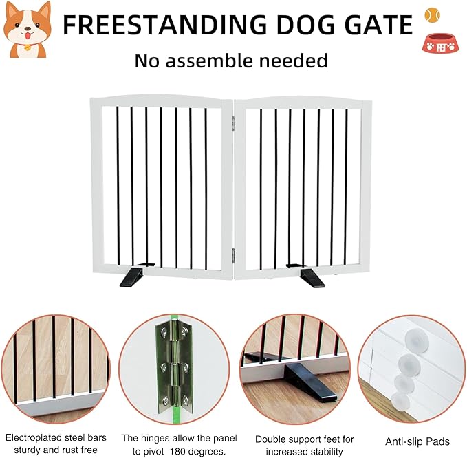 ZJSF Freestanding Foldable Indoor Dog Fence for Stairs Wood White Long Pet Gates for Dogs, Dog Gates for Hallways,Puppy Gates for House Support Feet Included 24 "Height-2 Panels