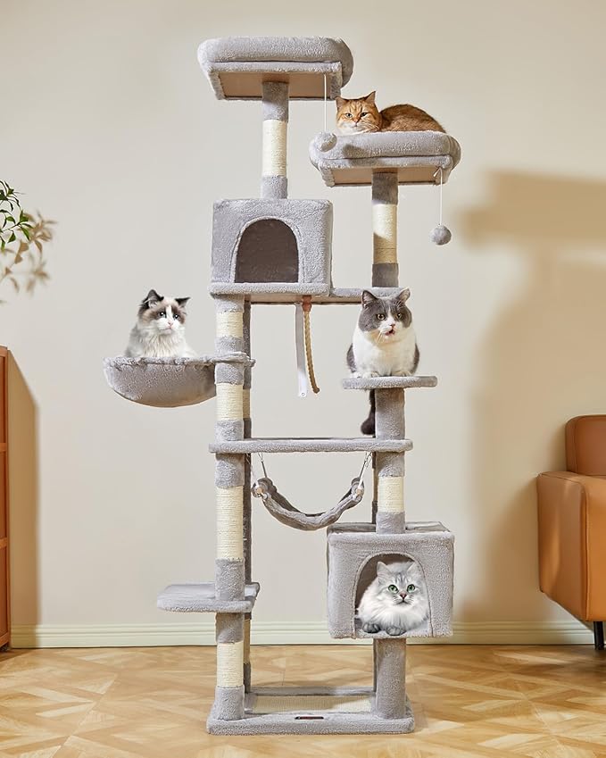 Taoqimiao Cat Tree, 71-Inch Cat Tree Cat Tower for Indoor Cats, Plush Multi-Level Cat Condo with 10 Scratching Posts, 2 Perches,Basket, 2 Caves,Hammock, 2 Pompoms,MS020W Light Gray
