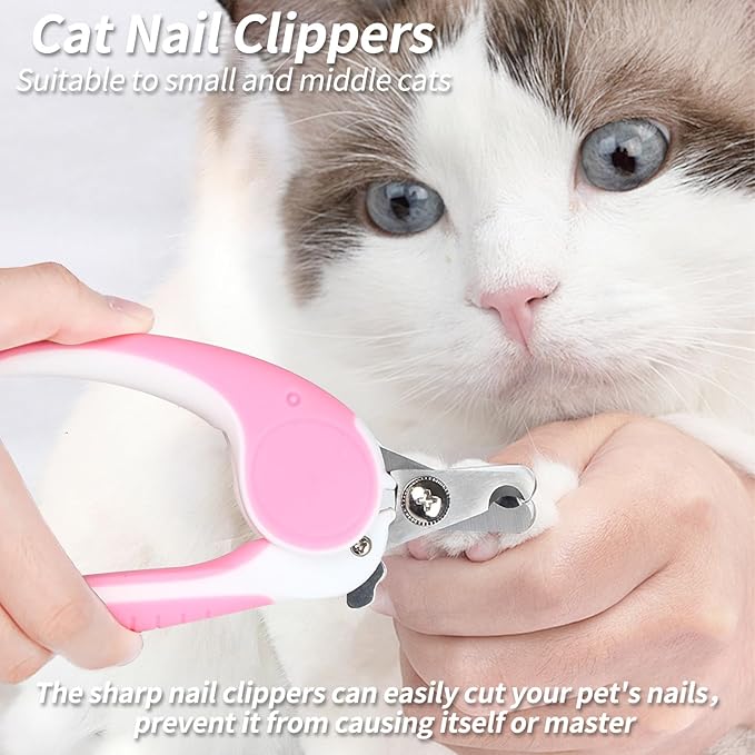 2PCS Pet Grooming Kit, Cat Brushes & Cat Nail Clipper, Cat Grooming Brush for Sedding and Grooming Fur (Pink）