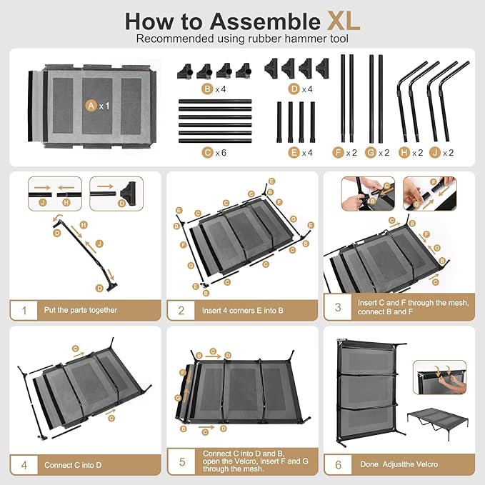 petizer 36" Elevated Dog Bed for Large Dogs, Outdoor Waterproof, Raised Cooling Pet Bed, Washable Breathable XL Dog Bed with Supporting Bars - Up to 120 LBs, Indestructible, Large