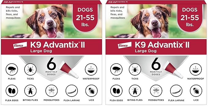 K9 Advantix II Large Dog Vet-Recommended Flea, Tick & Mosquito Treatment & Prevention | Dogs 21-55 lbs. | 6-Mo Supply (Pack of 2)