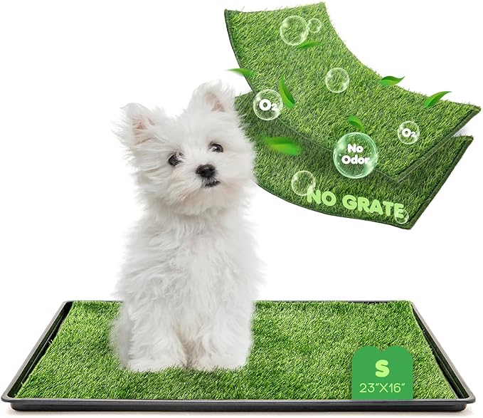 Dog Grass Pad with Tray, 23×16in Small Litter Box, 2×Grass Pad for Dogs Potty Washable, Thick Soft Odor-Free Hemmed Dog Pee Grass, Indoor Puppy Potty Training Balcony (Without Grid)