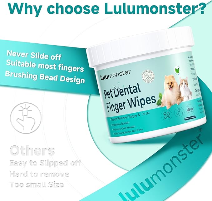 Pet Dental Finger Wipes for Dogs & Cats, Dog Teeth Cleaning Wipes Tooth Brushing Kit by Remove Plaque and Tartar & Freshens Breath Buildup No-Rinse Dog Finger Toothbrush Mint Flavor