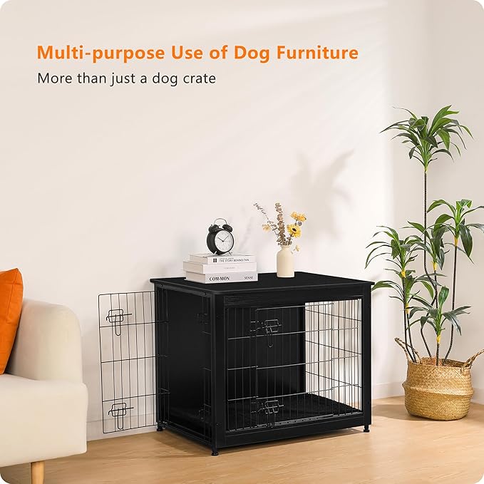 DWANTON Dog Crate Furniture with Cushion, Wooden Kennel Table with Double Doors, Indoor Dog House, Medium Size, 32.5" L, Black