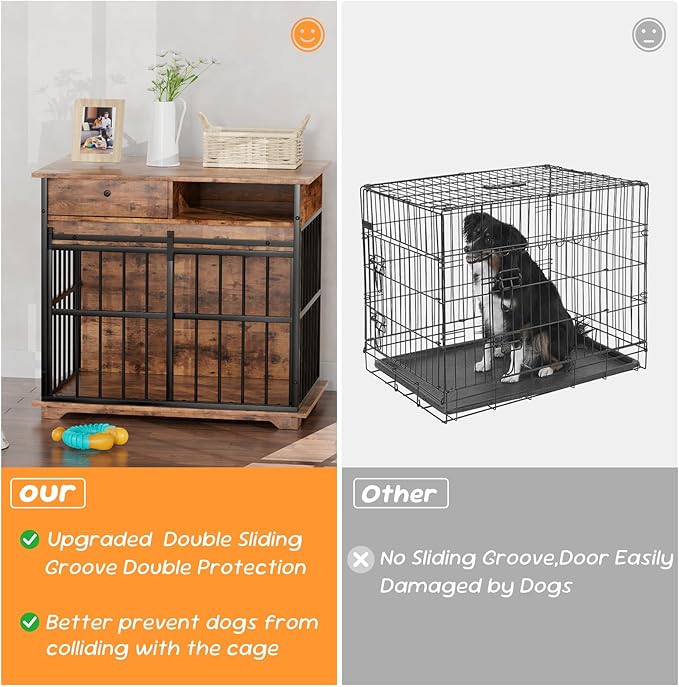 35.5" Dog Crate Furniture, Wooden Dog Crate Furniture for Medium Small Dogs, Wooden Dog Kennel End Table with Drawer and Open Shelves, Sliding Door Dog Kennel Furniture