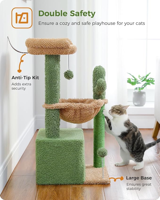 PEQULTI 4-in-1 Cactus Cat Tree, 33'' Cat Tower for Indoor Cats with Large Condo, Cat Scratching Post for Cats with Deep Hammock& Cozy Top Perch,Green