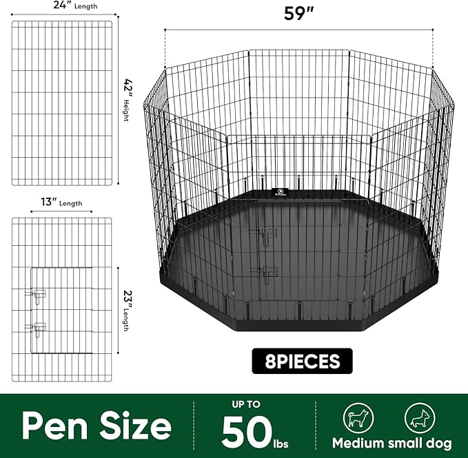 PJYuCien Dog Playpen, 8 Panels 42’’H Dog Pens Indoor with Bottom Pad, Metal Foldable Pet Puppy Exercise Fence Crate Kennel, Better for Medium and Big Animals,Black