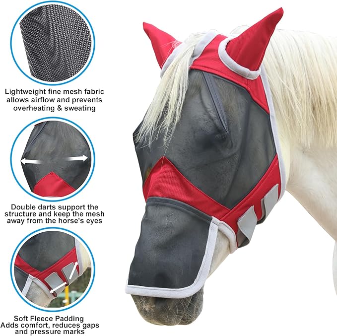 Horse Fly Mask with Ears & Long Nose Cover | Forelock Opening for Tangle-Free Mane Care | UV Protection & Breathable Mesh | No Rub Fit and Enhanced Visbility for Trail Riding Red Full