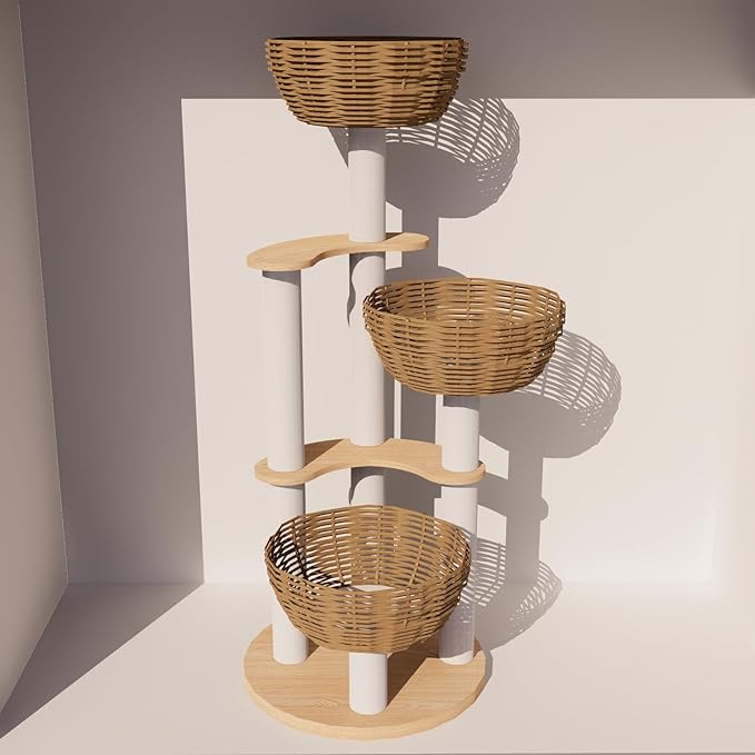 Modern Wood Rattan Cat Tree for Large Cats, Luxury Multi-Level Oak Solid Wood Cat Trees Towers，w/3 Weaving Cat Nests & Washable Cushions, Sisal Scratching Posts, for Indoor Large Cats-No paint/wax oil