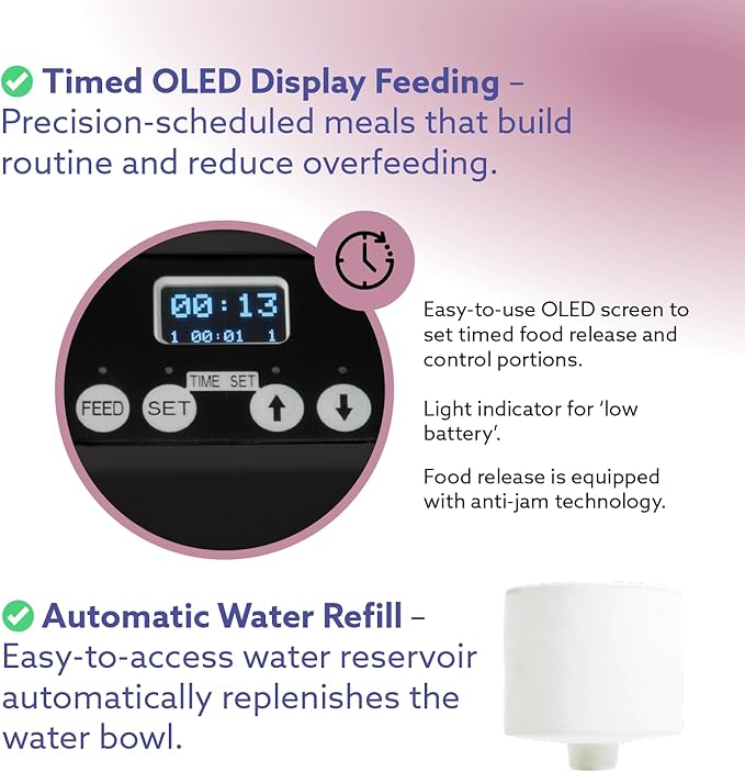 Automatic Dog & Cat Food Feeder with Water Dispenser – Smart Pet Feeder with Portion Control, OLED Display, Anti Jam Design, Battery Operated Dispenser for Small Pets - Black