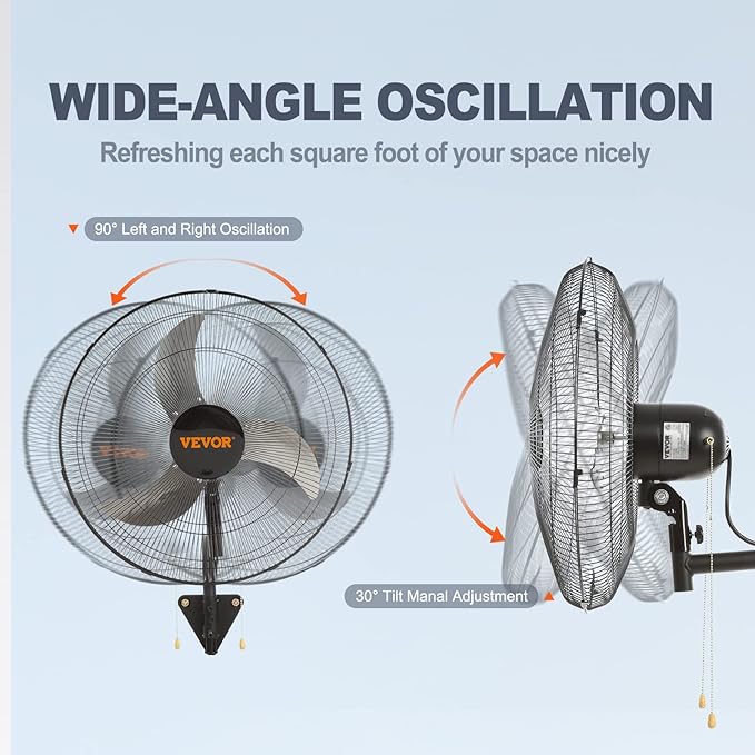 VEVOR 20 inch Wall Mount Fan Oscillating, 3-speed High Velocity Max. 4650 CFM Industrial Wall Fan for Indoor, Commercial, Residential, Warehouse, Greenhouse, Workshop, Basement, Black, ETL Listed