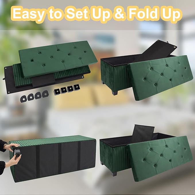 Storage Ottoman Bench, 43 Inch Foldable Ottoman with Legs, Velvet Foot Rest Stool, End of Bed Bench, Storage Chest for Living Room, Bedroom (Green)