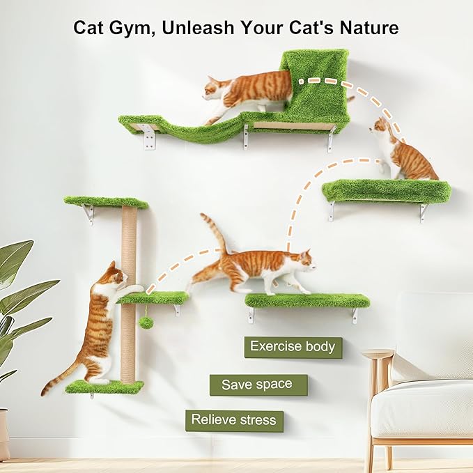 FUKUMARU Cat Wall Shelves, Stable & Safe 4 in 1 Cat Furniture Set, Wooden Climbing Wall with Scratching Post, Bridge and Bed, Stylish Jungle Gym for 16 Inch Drywall - Green