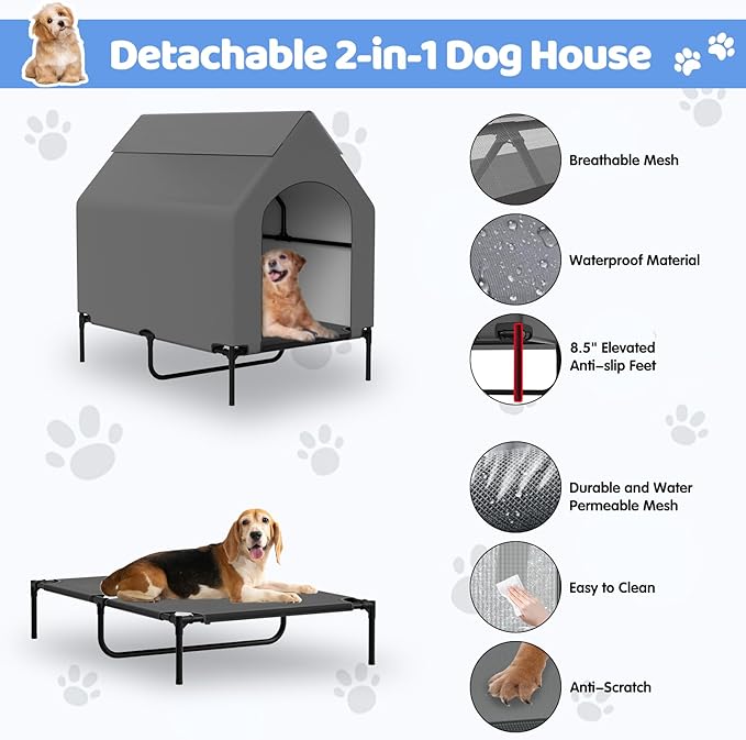 48” Extra Large Dog House-2-in-1 Extra Large Dog House with 8.5” Elevated Dog Bed-Weatherproof Waterproof Outdoor Dog House,Easy to Clean