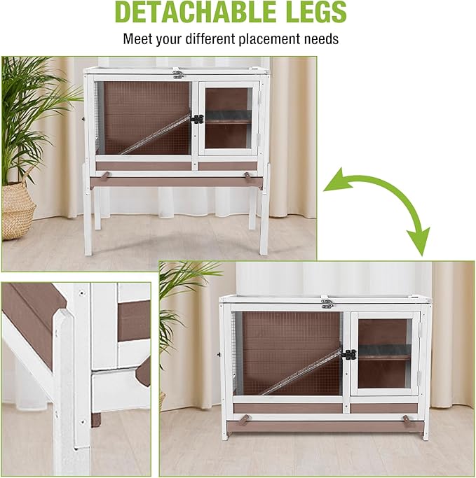 GUTINNEEN Rabbit Hutch Bunny House, 36.6" L Rabbit Cage with Anti Chewing Ramp, Guinea Pig Cage with Cooling Galvanized Sheet, Detachable Legs(Brown)