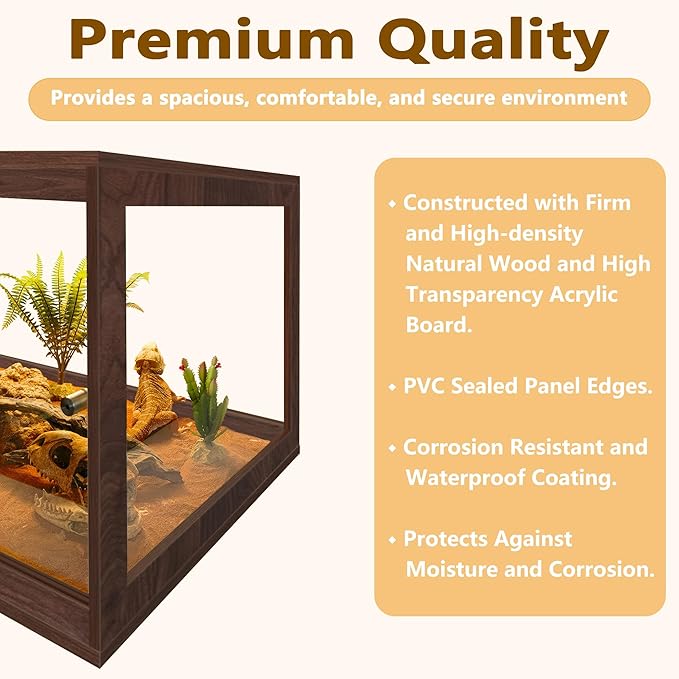 PROLEE Bearded Dragon Tank,81 Gallon Reptile Tank with Meatl Mesh Roof and Front Sliding Door, Anti-Scratch Lizard Tank,Spacious Reptile Enclosure for Snakes,Lguanas, Chameleons(Walnut)