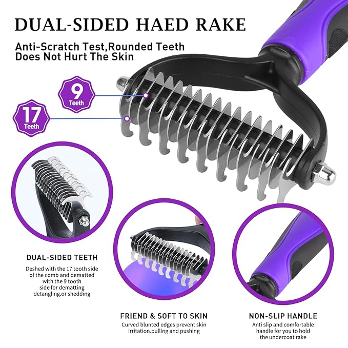 Dog Brush Kit - Self-Cleaning Slicker Brush with Bath Brush & Undercoat Rake | Deshedding Tools for Large - Small Dogs & Cats, Professional 3-in-1 Pet Grooming Set for Heavy Shedding, Purple