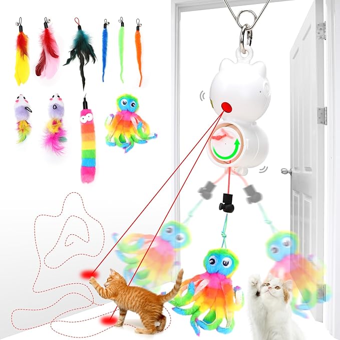 Interactive Cat Toys for Bored Indoor Cats Feather Toys Cat Enrichment for Bored Indoor Adult Cats Kittens-Enhanced with 10 Attachments Mice Rechargeable Auto-Swinging 3in1 Door-Mounted Cat Toy