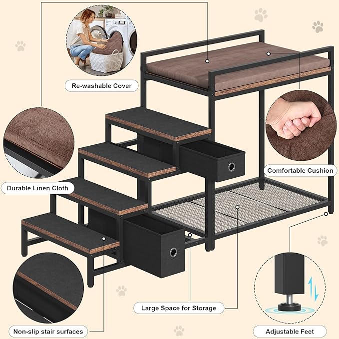 Pet Bunk Bed with Removable Stairs and 2 Drawers, Dogs/Cats Window Perch, Dog Window Seat with Soft Cushion, Ultra-Shallow Steps, Sturdy Metal Frame, Non-Slip