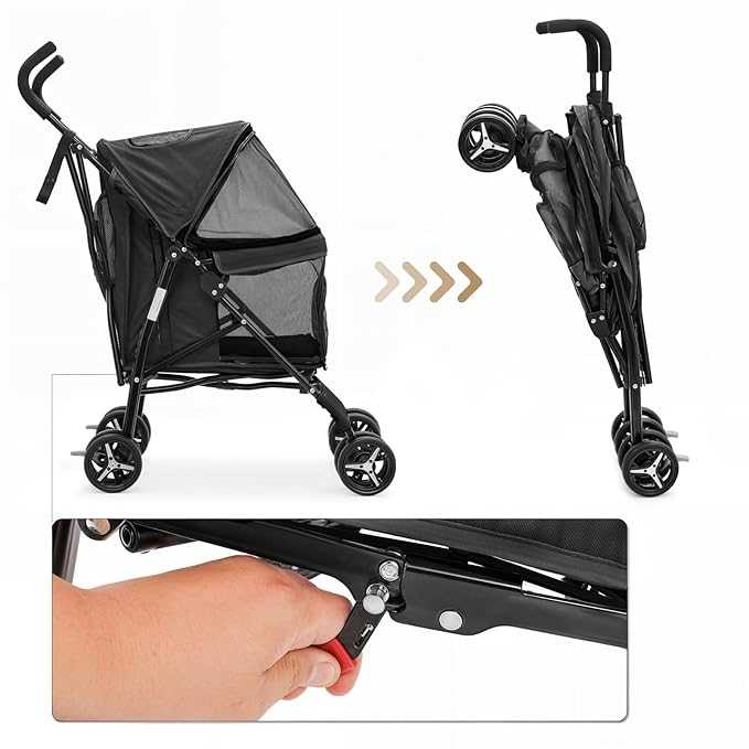 MoNiBloom 4 Wheels Pet Stroller, Easy-Fold Puppy Cage Jogger Stroller with Sun Cover, Pad and Rear Storage Bag, Breathable and Visible Mesh for Small/Medium Pets up to 22 lbs, Black