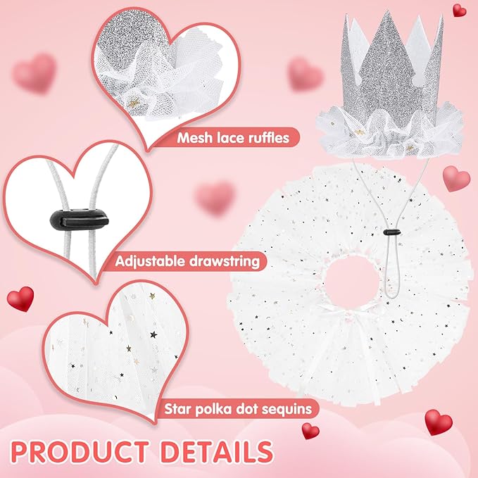 SCENEREAL Dog Wedding Outfit Dress with Bandana Bowite Collar and Crown Hat Set for Dog Girls, Puppy Kitty Party Supplies, Tutu Skirt Costume for Small Medium Large Dogs Girl Cats