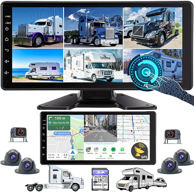 RV Backup Camera 10.1" 1080P Monitor & Built-in DVR for Truck Trailer Rear Side Front Reversing View Wired System FHD Image 4 Split Large Screen 64GB Record IP69 Waterproof Avoid Blind Spot Kit