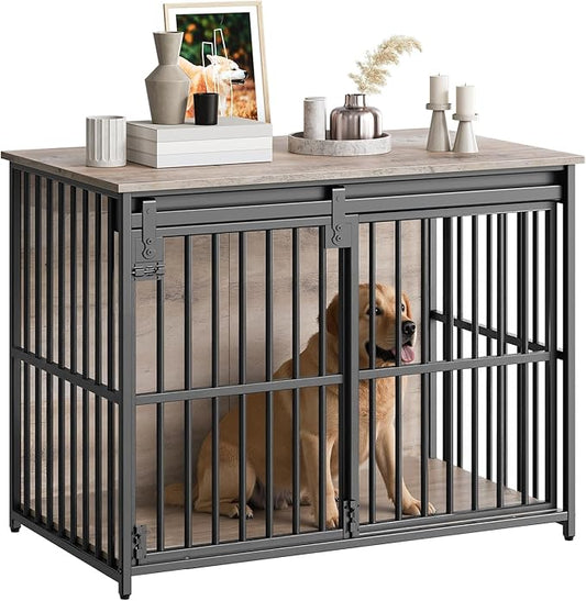 HOOBRO Dog Crate Furniture, 36.6" Heavy Duty Dog Kennel with Sliding Barn Door, Wooden Dog Cage Indoor, Decorative Side End Table for Small/Medium Dogs, Greige and Black GY162GW03G1