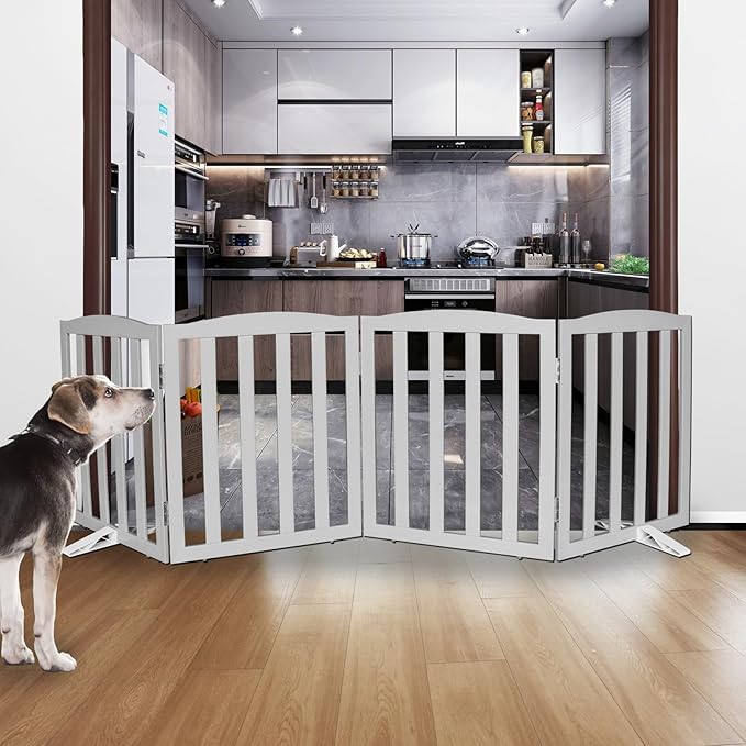 ZJSF Foldable Freestanding Indoor Dog Gate for House Wood Long Pet Gates Dog Fence for Stairs Puppy Gates for Hallways, Puppy Gate,Support Feet Included, Grey, 24 "Height-4 Panels