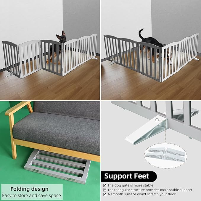 ZJSF Foldable Freestanding Indoor Dog Gate for House Wood Long Pet Gates Dog Fence for Stairs Puppy Gates for Hallways, Puppy Gate,Support Feet Included, Grey, 24 "Height-6 Panels