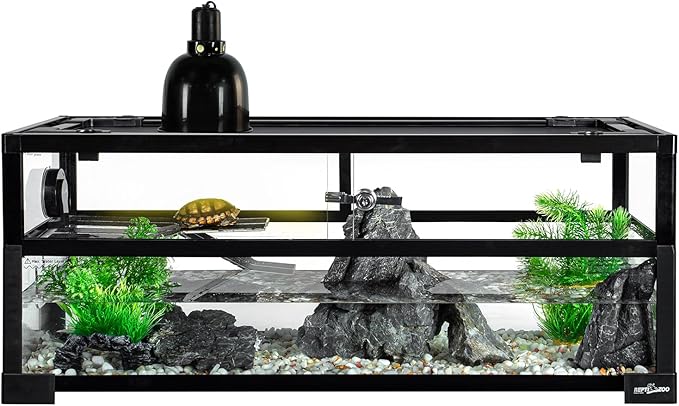 REPTIZOO 18 Gallon Turtle Tank Aquarium, 30"×12"×12" Tortoise Habitat Water-Land Ecological Turtle Tank with Drainage System Aquatic Aquarium