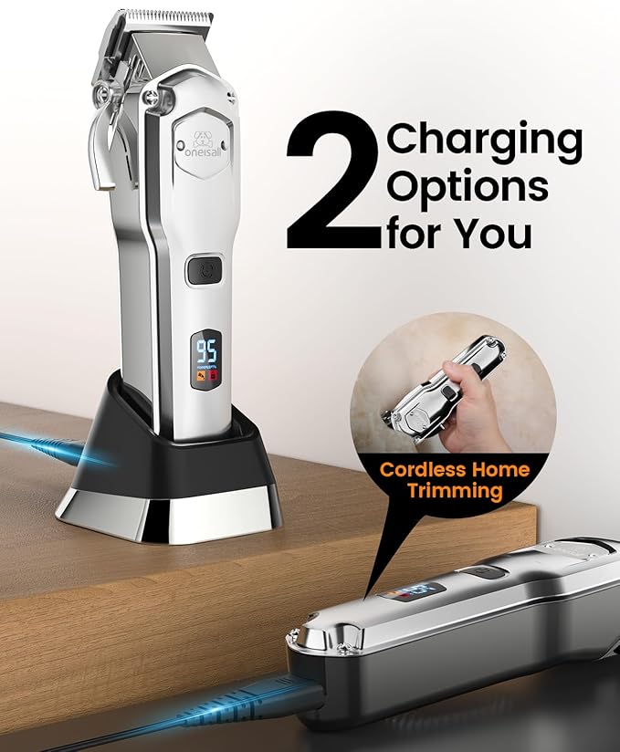 oneisall Dog Clippers for Grooming Thick Hair Professional,Cordless/Low Noise Pet Grooming Kit with Detachable Metal Combs, Rechargeable Heavy-Duty Pet Clippers for Thick/Curly/Fine/Wavy Hair (Sliver)