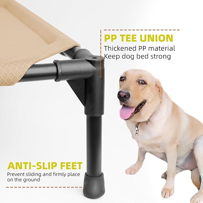 Soft Mesh Elevated Pet Bed for Large Medium Dogs Outdoor Resting Cot with Water-Resistant, Air-Permeable, Cooling and Anti-Skid Portable Dog Bed, Up to 80 lbs,33.3" L x 25.2" W x 6.9" H, Beige