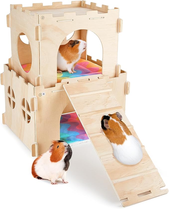 Guinea Pig Hideout, Guinea Pigs House with Stairs and Mats Extra Large Guinea Piggy Castle Detachable Hideouts for Small Animals Wooden Guinea Pig Habitats with Multiple Doors and Windows
