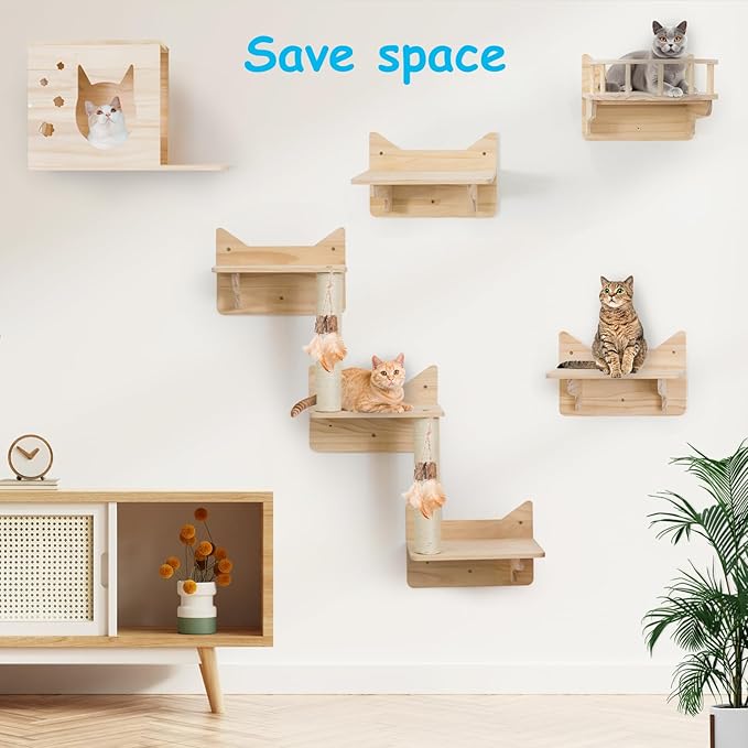 Wall-Mounted Cat Shelves for Large Cats – 9-Piece Pine Wood Cat Furniture with Scratching Posts, Ladder & House – Indoor Modern Climbing Wall Gym for Cats