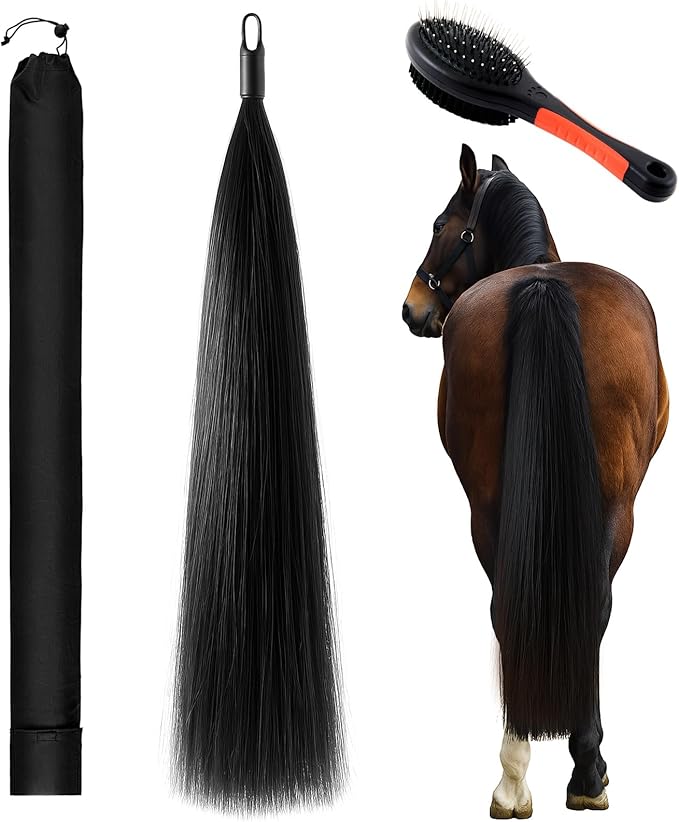 Zeyune 3 Pcs Horse Tail Extensions Set with Braided Horsehair Loop Include Ponytail Comb and Storage Bag, Natural Black for Equestrian Competitions, Horse Shows, Daily Grooming(34-36inch,1 lb)
